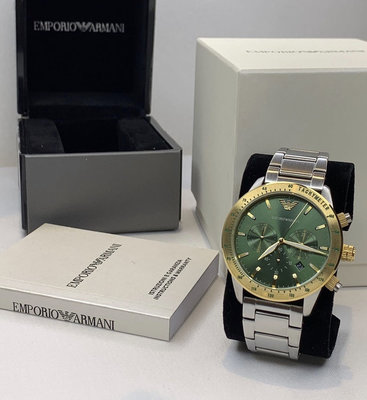 EMPORIO ARMANI Mario 綠色面錶盤 銀色不鏽鋼錶帶 石英 三眼計時 男士手錶 AR11454 亞曼尼腕錶