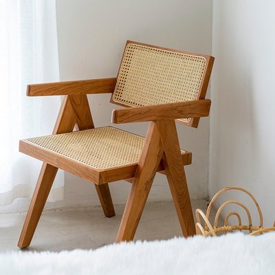 廠家現貨直發北歐藤編椅簡約靠背設計師餐椅家用ins實木櫻桃木日式昌迪加爾椅