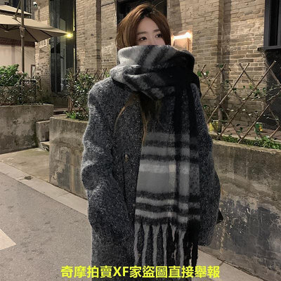 冬季黑白格子圍巾女205cmx38cm百搭保暖加厚針織灰色披肩圍脖兩用秋冬搭配