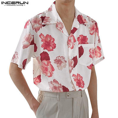 Incerun 男士夏季花朵印花短袖鈕扣休閒寬鬆襯衫