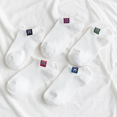 【現貨】5雙襪子男隱形淺口低幫韓國卡通布標學生學院風白色純色純棉短襪