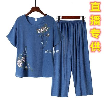 現貨熱銷-新款熱賣夏季中老年人家居服女裝短袖兩件套裝寬鬆大尺碼媽媽裝印花夏裝上衣套裝奶奶裝中老年人女裝媽媽夏裝中老年服爆