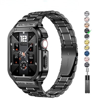 金屬改裝錶殼 + 不銹鋼錶帶 適用於Apple Watch 4/5/6/SE/7 44 45mm-竹泓良品