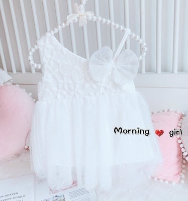 Morning ♥ girl 新生兒 滿月 寶寶洋裝 露肩洋裝 網紗洋裝 蕾絲鉤花洋裝 收涎 純棉洋裝