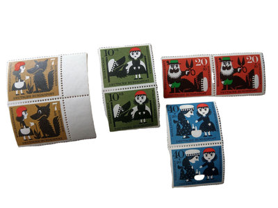 兩套雙聯郵票，德國1959,1960年，小紅頭巾與大灰狼童話