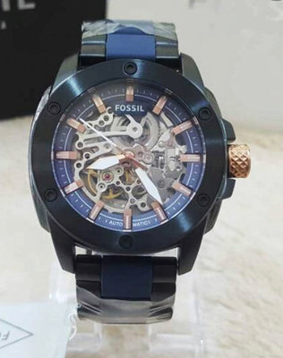 FOSSIL男士手錶 鏤空錶盤 藍色矽膠配黑色不鏽鋼材質錶帶 自動機械腕錶 ME3133 化石FOSSIL潮流時尚男錶
