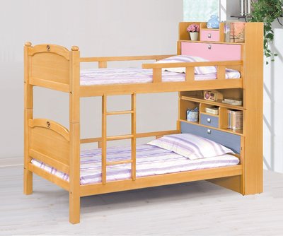 鴻宇傢俱~(AG)602-5 彩伊檜木色實木3.5尺雙層床-粉紅色+藍色