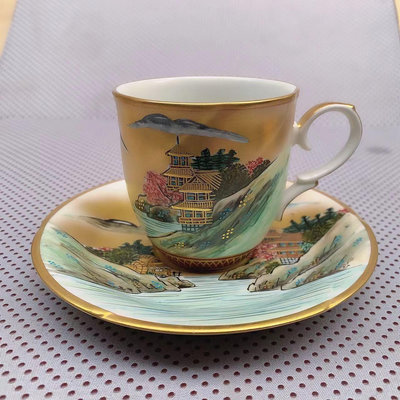 日本回流九谷柏翠咖啡杯紅茶杯  純手繪滿金滿繪山水風景閣樓