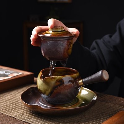 復古窯變柴燒聚福側把茶壺創意家用陶瓷分茶器功夫茶具泡茶壺單壺jpyx