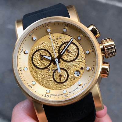 全新現貨出清價 可自取 INVICTA 28188 手錶 48mm 三眼計時 金龍面盤 金色錶圈 黑色橡膠錶帶 男錶