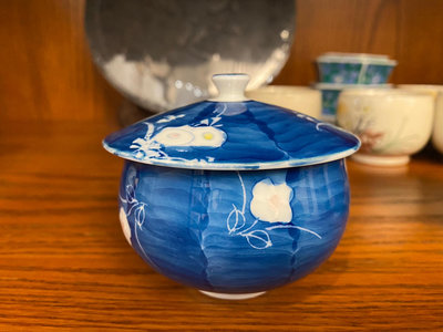 z日本回流瓷器 善山底款 藍色手繪蓋杯 全新全品