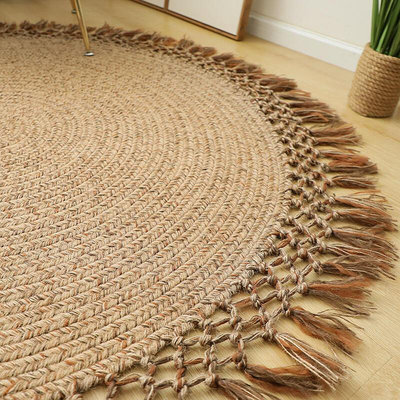 現貨:菲爾家波西米亞風圓形黃麻地毯手工打結流蘇邊民宿客廳臥室床邊毯 無鑒賞期