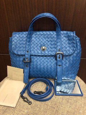 95新 真品BOTTEGA VENETA超值寶藍羊皮斜背手提包