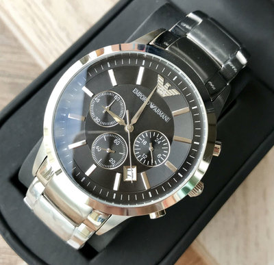 EMPORIO ARMANI 黑色面錶盤 銀色不鏽鋼錶帶 石英 三眼計時 男士手錶AR2434 亞曼尼腕錶