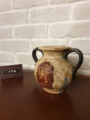 【卡卡頌  歐洲古董】比利時老件  手工  立體  彩陶  雙耳  花瓶   p1404