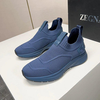 代購#Zegna男士藍色飛織一腳蹬運動鞋休閑鞋飛織透氣休閑鞋