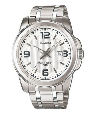 【金台鐘錶】CASIO 卡西歐 日期顯示 不鏽鋼錶帶 50M防水 (白x銀) MTP-1314D-7A