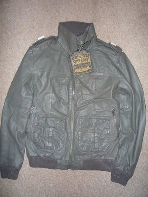 英國 極度乾燥 superdry Brad Bomber leather jacket 真皮 皮衣 夾克 外套 縮口 合身 紅內裡 灰色SM號