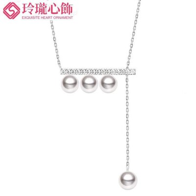 四珠平衡木珍珠項鍊吊墜圓形白色 天然真珍珠s925銀-玲瓏心飾