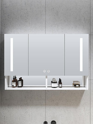 太空鋁浴室鏡單獨掛墻式置物架鏡箱衛生間收納帶燈鏡子 自行安裝