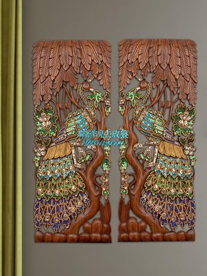 泰國木雕玄關鏤空墻上掛件裝飾東南亞風格動物孔雀柚木雕刻雕花板