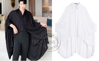 《TINO HOMME》2019春夏新款日韓版不規則剪裁英倫風OVERSIZE垂感翻領燈籠袖襯衫