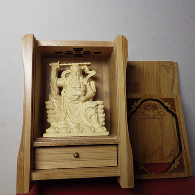 紫晶宮精品隨身佛龕 黃楊木武財神木雕佛像盒子10.8釐米7.6釐米5.2釐米