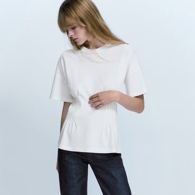 【全新現貨】Massimo Dutti 白色收腰設計感T恤女內搭上衣夏季修身顯瘦短款短袖圓領t恤ins