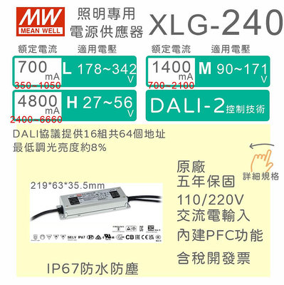 【保固附發票】MW明緯 240W LED 防水恆功率DALI電源 XLG-240系列 30V 36V 142V 驅動器