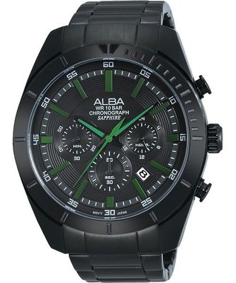 ALBA 魅力時尚三眼計時腕錶(AT3603X1)-IP黑x綠時標/45mm VD53-X150G