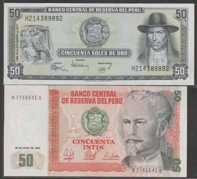Ω≡ 外鈔 ≡Ω　1977.1987年 / 秘魯50元(有折痕).50元【 共2張 】85-全新