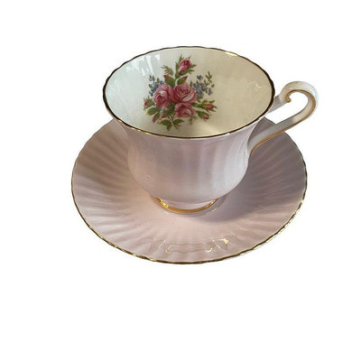 英國中古骨瓷帕拉貢paragon粉色百褶玫瑰咖啡杯盤