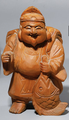 早期惠比壽福神黃檜木雕，21 x 12 x 10公分