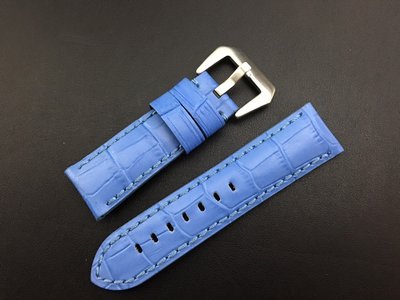 24mm高質感奪目搶眼天藍色,同色縫線,可替代panerai原廠錶帶之鱷魚皮紋真皮厚實錶帶