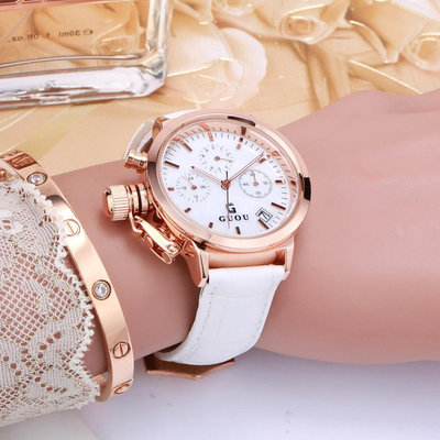 熱銷 新款GUOU古歐韓版風時尚潮流三眼六針帶日歷大盤時裝錶手錶腕錶女士錶824 WG047