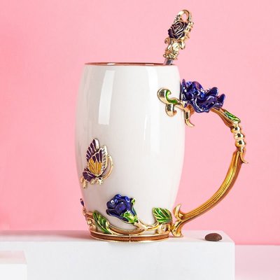 歐式玫瑰玉瓷杯琺瑯彩陶瓷水杯創意清新咖啡杯情侶馬克杯隨手禮品-~特價