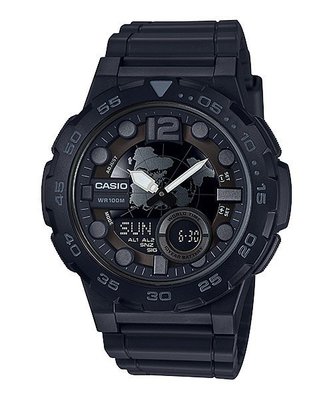 【金台鐘錶】CASIO卡西歐 雙顯運動錶 地球錶面 10年電力 30組電話 世界時間 消光黑 AEQ-100W-1B