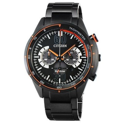 CITIZEN Eco-Drive 時光探索三環計時黑鋼腕錶 黑色 橘色 型號： CA4125-56E 【神梭鐘錶】