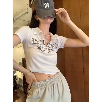 奢衣著-YAYA/Polo領短袖字母半拉鏈正肩上衣女夏季韓國設計感修身百搭顯瘦短版白色T恤打底衫-質量保證