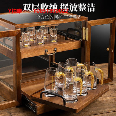 酒杯家用高檔金箔杯套裝分酒器實木雙層玻璃收納木盒酒柜一口杯子