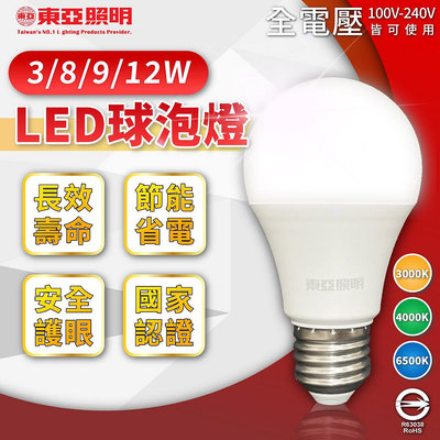 [喜萬年] 東亞 LED燈泡 12W 9W 8W 3W E27 黃光自然光白光 全電壓 球泡燈 燈泡 燈