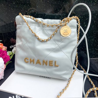 【翰貝格名牌館】全新真品 CHANEL 23S Baby藍 金字 mini 22BAG 垃圾袋 AS3980