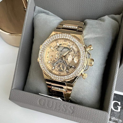 GUESS Fusion 水鑽圈 鏤空設計錶盤 金色不鏽鋼錶帶 石英 女士手錶 GW0552L2