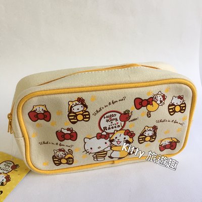 [Kitty 旅遊趣] Hello Kitty 筆袋 帆布筆袋 凱蒂貓 浣熊 布筆袋 文具收納袋 拉鍊式筆袋 化妝包