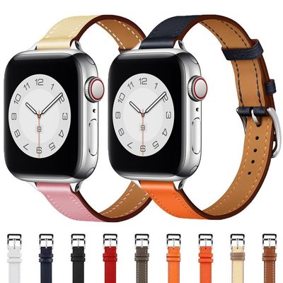 蘋果手錶錶帶Apple Watch 3/4/5/6真皮瘦身單圈錶帶 iwatch SE愛馬仕雙色真皮錶帶 14mm