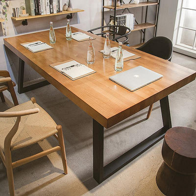 鐵藝簡約實木餐桌復古長方形電腦桌辦公桌創意大板長桌會議桌書桌