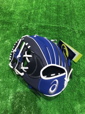 棒球世界全新asics 亞瑟士少年用棒球手套深藍寶藍配色LOGO直接刺繡特價3124a134反手用
