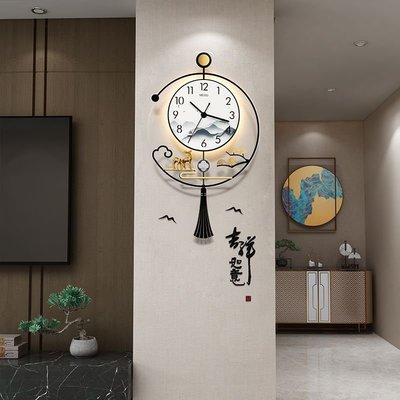 熱銷 美世達新中式鐘表掛鐘客廳家用時尚2022新款創意時鐘燈裝飾燈掛墻*