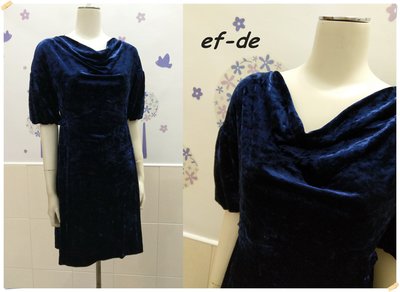 促銷。日系ef-de【全新專櫃商品】寶藍色 復古典雅款側蝴蝶結造型亮感絨面垂領五分袖洋裝。9號