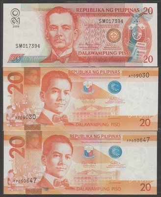Ω≡ 外鈔 ≡Ω　2009.10.13年 / 菲律賓20元【 共3張 】99-全新